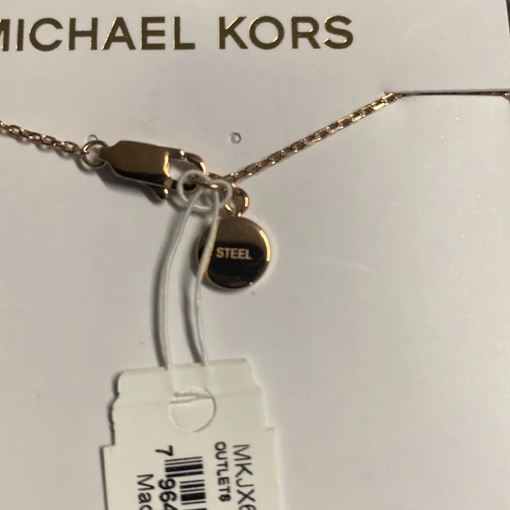 Michael Kors Rose Gold Crystal Halo Disc Pendant Necklace 18” Logo Charm